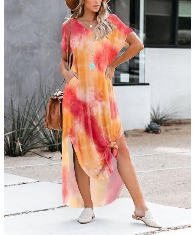 Women's V Neck Casual Loose Long Dress Short Sleeve Split Maxi Summer Beach Dress with Pockets Tie Dye5 $17.86 Dresses