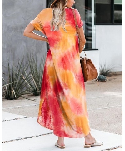 Women's V Neck Casual Loose Long Dress Short Sleeve Split Maxi Summer Beach Dress with Pockets Tie Dye5 $17.86 Dresses