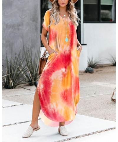 Women's V Neck Casual Loose Long Dress Short Sleeve Split Maxi Summer Beach Dress with Pockets Tie Dye5 $17.86 Dresses