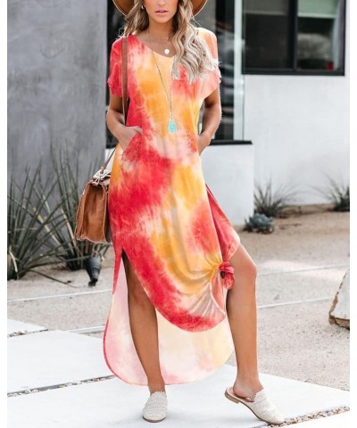 Women's V Neck Casual Loose Long Dress Short Sleeve Split Maxi Summer Beach Dress with Pockets Tie Dye5 $17.86 Dresses