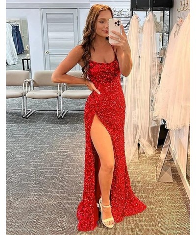 Sparkly Sequin Prom Dresses Spaghetti Straps High Slit Mermaid Formal Dress for Women Backless Evening Gowns Navy Blue $34.19...