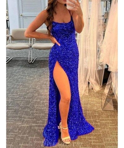 Sparkly Sequin Prom Dresses Spaghetti Straps High Slit Mermaid Formal Dress for Women Backless Evening Gowns Navy Blue $34.19...