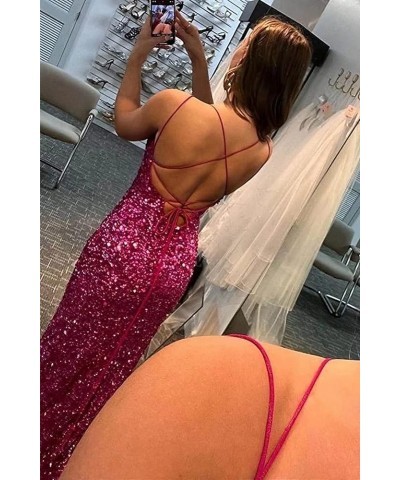 Sparkly Sequin Prom Dresses Spaghetti Straps High Slit Mermaid Formal Dress for Women Backless Evening Gowns Navy Blue $34.19...