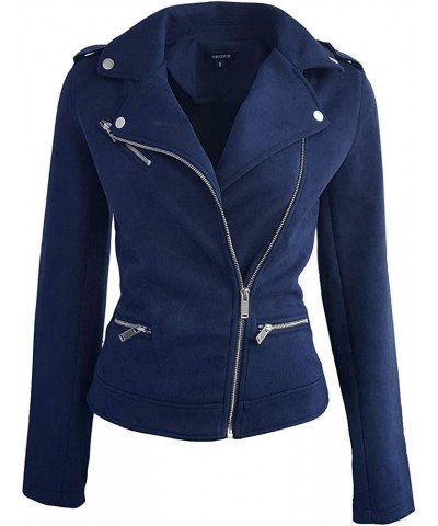 Faux Suede Jacket for Women Long Sleeve Zipper Up Casual Outwear Navy $21.32 Coats