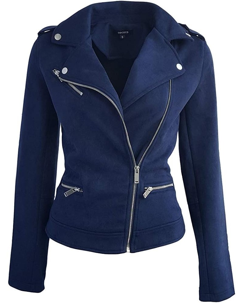 Faux Suede Jacket for Women Long Sleeve Zipper Up Casual Outwear Navy $21.32 Coats