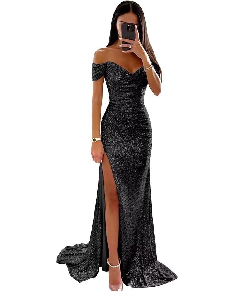 Sequin Prom Dresses for Women Off Shoulder Long Ball Gown with Slit Formal Evening Party Dress Black $30.72 Dresses