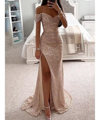 Sequin Prom Dresses for Women Off Shoulder Long Ball Gown with Slit Formal Evening Party Dress Black $30.72 Dresses