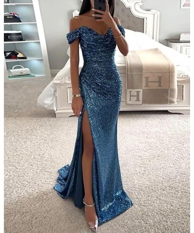 Sequin Prom Dresses for Women Off Shoulder Long Ball Gown with Slit Formal Evening Party Dress Black $30.72 Dresses