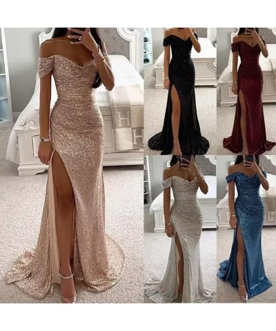 Sequin Prom Dresses for Women Off Shoulder Long Ball Gown with Slit Formal Evening Party Dress Black $30.72 Dresses