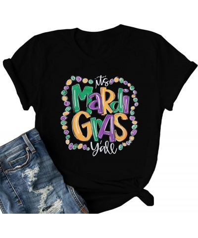 Mardi Gras Shirt for Women It's Mardi Gras Yall Shirt Carnival Outfit Shirt Holiday Bleached Short Sleeve Tops Black $15.07 T...