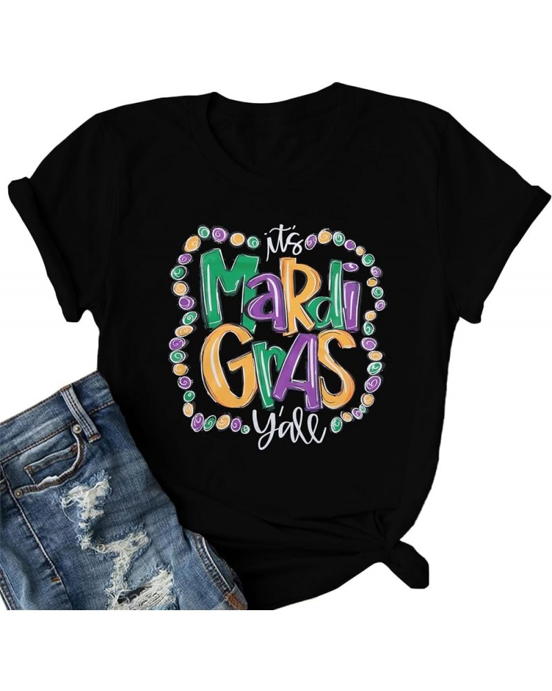 Mardi Gras Shirt for Women It's Mardi Gras Yall Shirt Carnival Outfit Shirt Holiday Bleached Short Sleeve Tops Black $15.07 T...