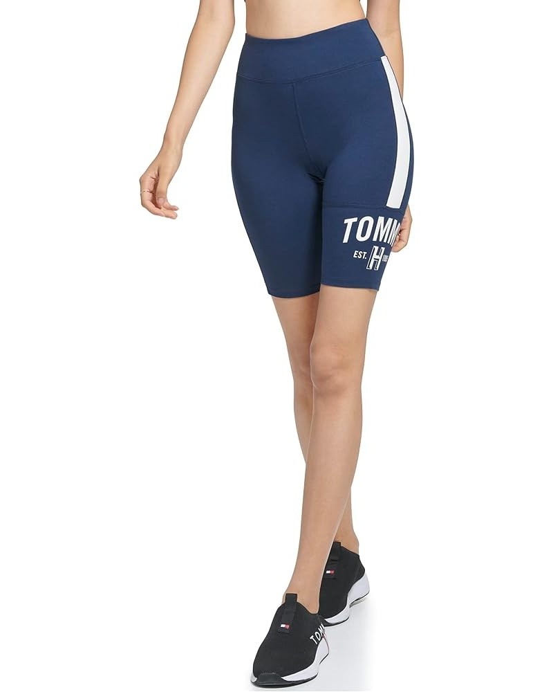 Women's Waistband Printed Varsity Graphic Global Stripe Elastic Tab Bike Short Navy $14.64 Activewear