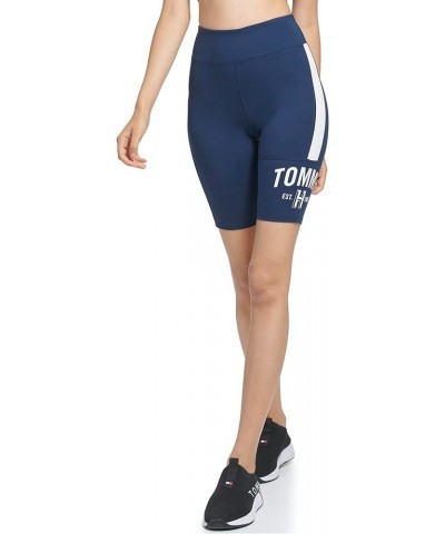 Women's Waistband Printed Varsity Graphic Global Stripe Elastic Tab Bike Short Navy $14.64 Activewear