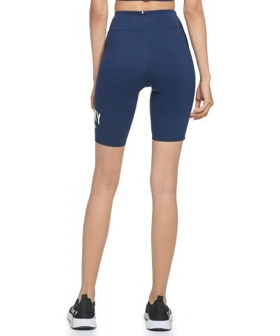 Women's Waistband Printed Varsity Graphic Global Stripe Elastic Tab Bike Short Navy $14.64 Activewear