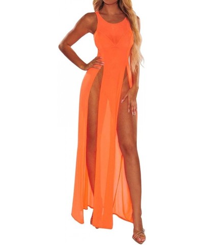 Women Sheer Mesh See Through Sexy High Split Bikini Swimsuit Cover Up Beach Long Maxi Dress Sundresses Orange $16.79 Swimsuits