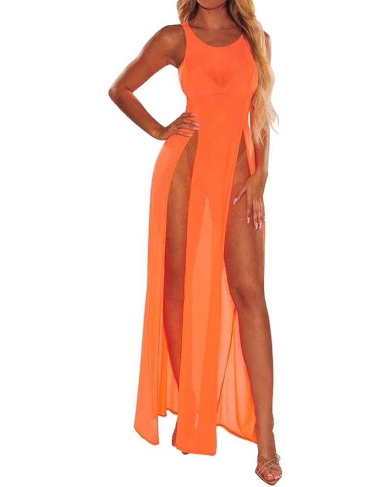 Women Sheer Mesh See Through Sexy High Split Bikini Swimsuit Cover Up Beach Long Maxi Dress Sundresses Orange $16.79 Swimsuits