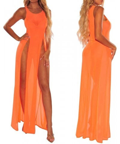 Women Sheer Mesh See Through Sexy High Split Bikini Swimsuit Cover Up Beach Long Maxi Dress Sundresses Orange $16.79 Swimsuits