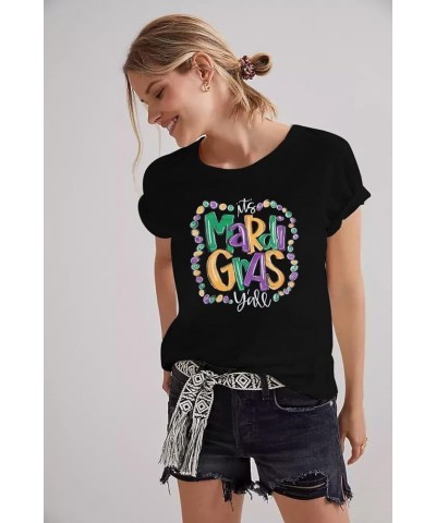 Mardi Gras Shirt for Women It's Mardi Gras Yall Shirt Carnival Outfit Shirt Holiday Bleached Short Sleeve Tops Black $15.07 T...