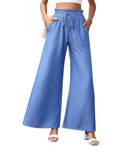 Women's Casual Paperbag High Waist Tie Front Wide Leg Pants Relaxed Fit Palazzo Pants Blue $11.39 Pants