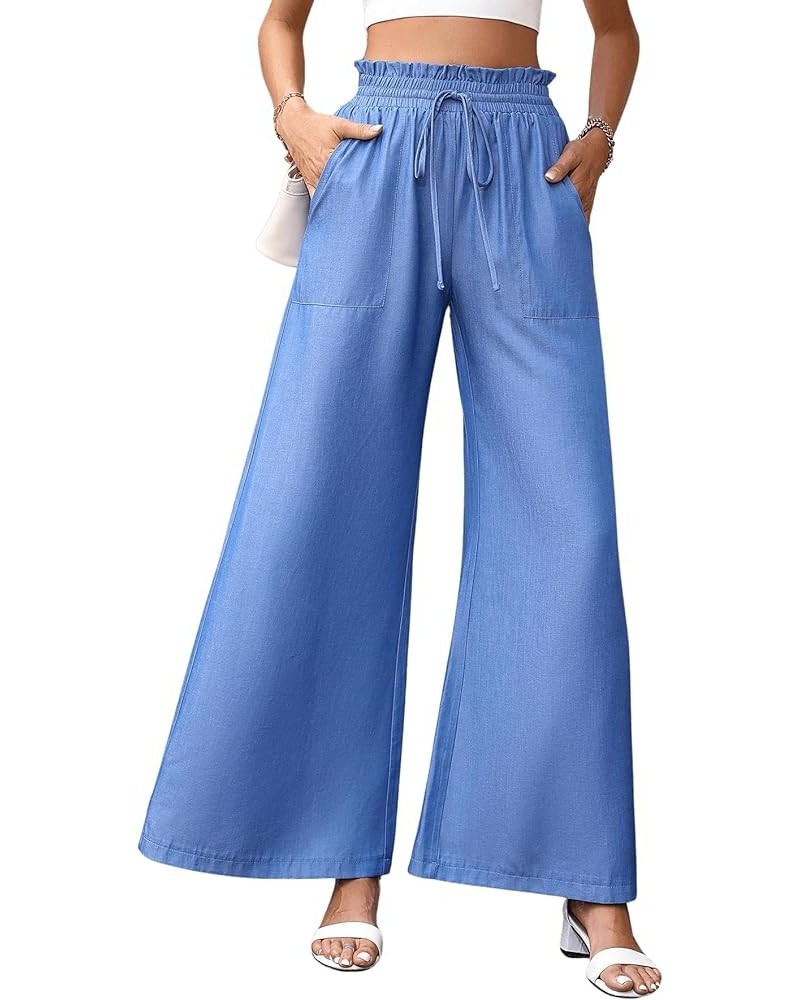 Women's Casual Paperbag High Waist Tie Front Wide Leg Pants Relaxed Fit Palazzo Pants Blue $11.39 Pants