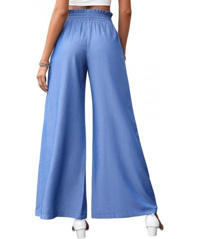 Women's Casual Paperbag High Waist Tie Front Wide Leg Pants Relaxed Fit Palazzo Pants Blue $11.39 Pants