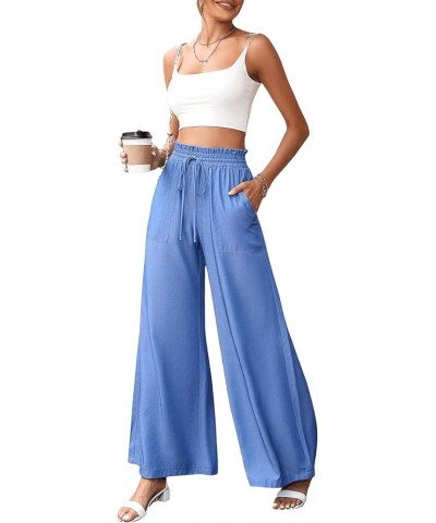 Women's Casual Paperbag High Waist Tie Front Wide Leg Pants Relaxed Fit Palazzo Pants Blue $11.39 Pants