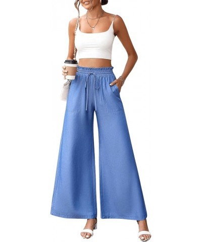 Women's Casual Paperbag High Waist Tie Front Wide Leg Pants Relaxed Fit Palazzo Pants Blue $11.39 Pants