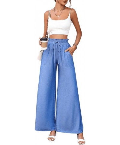 Women's Casual Paperbag High Waist Tie Front Wide Leg Pants Relaxed Fit Palazzo Pants Blue $11.39 Pants