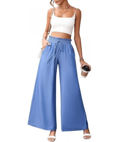 Women's Casual Paperbag High Waist Tie Front Wide Leg Pants Relaxed Fit Palazzo Pants Blue $11.39 Pants