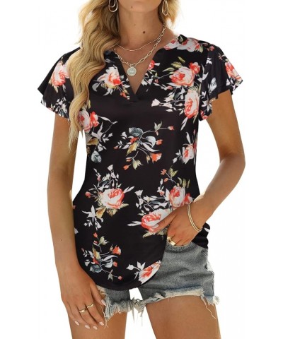 Womens Business Casual Tops Summer V Neck T Shirt Ruffle Short Sleeve Tunic Blouses for Women Floralblack $10.50 Blouses