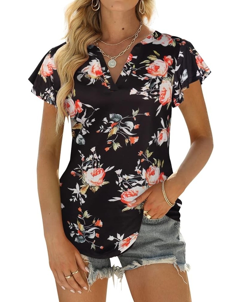 Womens Business Casual Tops Summer V Neck T Shirt Ruffle Short Sleeve Tunic Blouses for Women Floralblack $10.50 Blouses