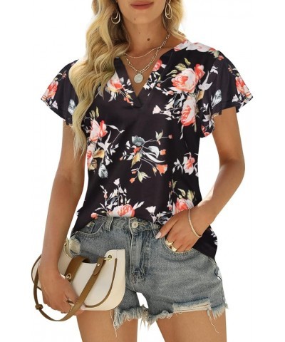 Womens Business Casual Tops Summer V Neck T Shirt Ruffle Short Sleeve Tunic Blouses for Women Floralblack $10.50 Blouses