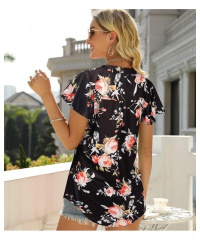 Womens Business Casual Tops Summer V Neck T Shirt Ruffle Short Sleeve Tunic Blouses for Women Floralblack $10.50 Blouses