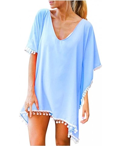 Womens Sleeve Coverup Top Swimsuit Micro Bikini Coverup for Women Chiffon Beach Fringe Hawaiian Coverup U-055 Light Royal Blu...