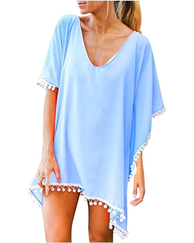 Womens Sleeve Coverup Top Swimsuit Micro Bikini Coverup for Women Chiffon Beach Fringe Hawaiian Coverup U-055 Light Royal Blu...