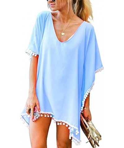 Womens Sleeve Coverup Top Swimsuit Micro Bikini Coverup for Women Chiffon Beach Fringe Hawaiian Coverup U-055 Light Royal Blu...