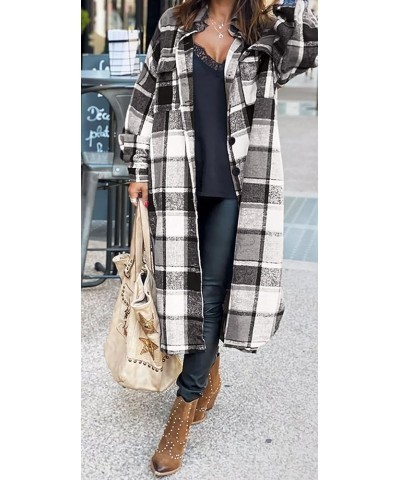 Womens Casual Flannel Wool Blend Plaid Lapel Button Down Shirt Long Sleeve Shacket Jacket with Pockets Long Style Grey $21.12...