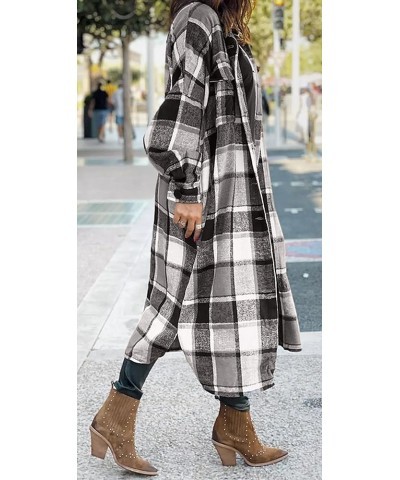 Womens Casual Flannel Wool Blend Plaid Lapel Button Down Shirt Long Sleeve Shacket Jacket with Pockets Long Style Grey $21.12...