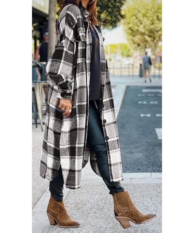 Womens Casual Flannel Wool Blend Plaid Lapel Button Down Shirt Long Sleeve Shacket Jacket with Pockets Long Style Grey $21.12...