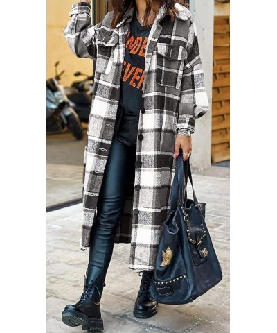 Womens Casual Flannel Wool Blend Plaid Lapel Button Down Shirt Long Sleeve Shacket Jacket with Pockets Long Style Grey $21.12...