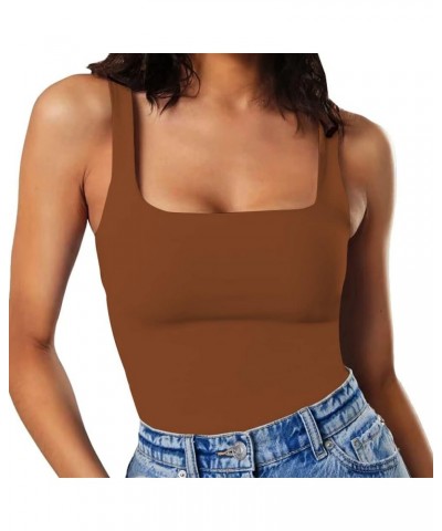 Women's Square Neck Sleeveless Slimming Going Out Tank Tops Bodysuits Clubwear Brown $13.74 Lingerie