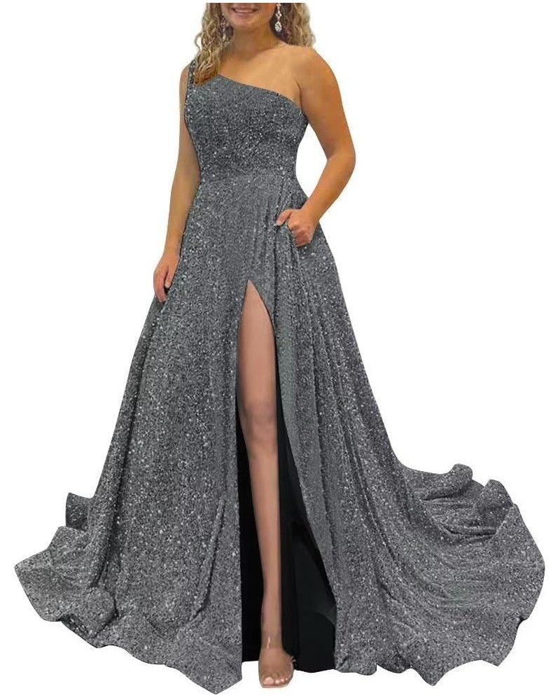 Sparkly Sequins Plus Size Prom Dresses with Pockets Slit One Shoulder Prom Party Gowns A Line Formal Ball Gowns Grey $38.40 D...