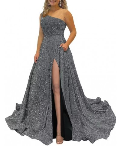 Sparkly Sequins Plus Size Prom Dresses with Pockets Slit One Shoulder Prom Party Gowns A Line Formal Ball Gowns Grey $38.40 D...