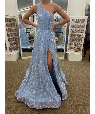 Sparkly Sequins Plus Size Prom Dresses with Pockets Slit One Shoulder Prom Party Gowns A Line Formal Ball Gowns Grey $38.40 D...