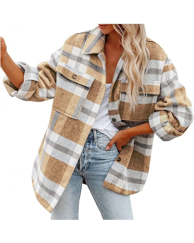 Brushed Plaid Shirts for Women Long Sleeve Flannel Lapel Button Down Tops Blouse Shacket Jacket Coats with Pockets 01 Yellow ...