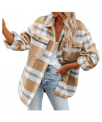 Brushed Plaid Shirts for Women Long Sleeve Flannel Lapel Button Down Tops Blouse Shacket Jacket Coats with Pockets 01 Yellow ...