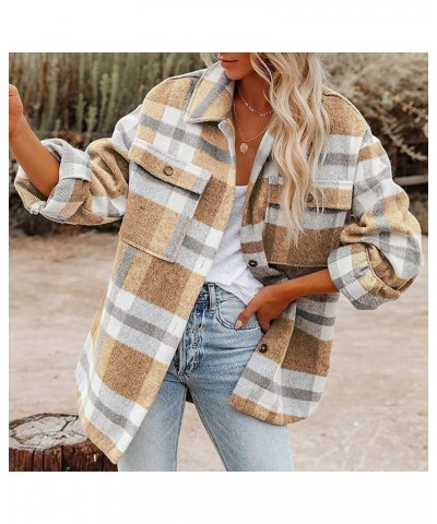 Brushed Plaid Shirts for Women Long Sleeve Flannel Lapel Button Down Tops Blouse Shacket Jacket Coats with Pockets 01 Yellow ...