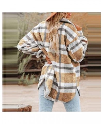 Brushed Plaid Shirts for Women Long Sleeve Flannel Lapel Button Down Tops Blouse Shacket Jacket Coats with Pockets 01 Yellow ...