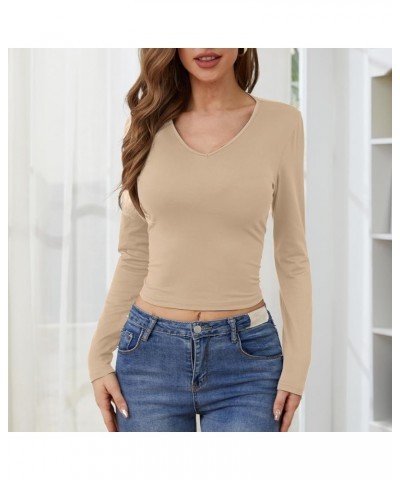 Women's Long Sleeves T-Shirt Stretch Slim Fitted Short Layer Tops Comfy Lightweight Sexy V-Neck Winter Undershirts Light Brow...