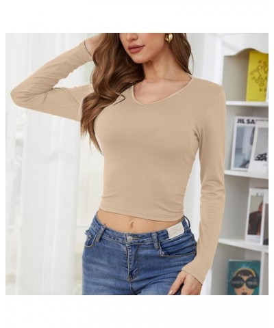 Women's Long Sleeves T-Shirt Stretch Slim Fitted Short Layer Tops Comfy Lightweight Sexy V-Neck Winter Undershirts Light Brow...